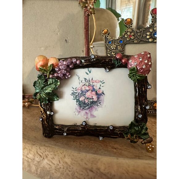 3 Enameled Metal Floral Photo Frames table top mini small crown crystals set - Picture 5 of 16